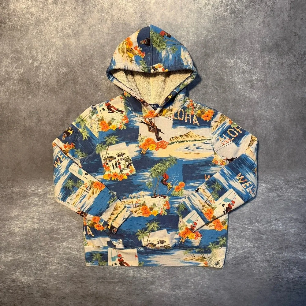 Polo Ralph‎ Lauren Kids L 14-16 Aloha Ski Hawaii Sherpa Lined Hoodie Blue Multi